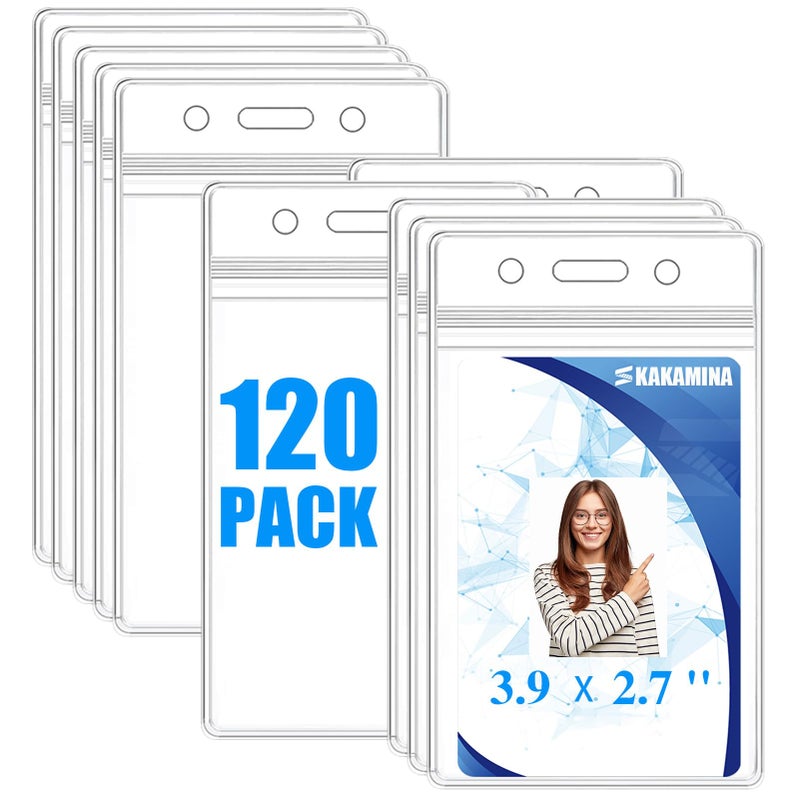 KAKAMINA 120 Pack Name ID Badge Holder-Plastic Badge Holder for Lanyard  Vertical Extra Thick 3.9"" x 2.7"" Waterproof Name tag Holder for School/Office/Hospital/Exhibition/Party/Badge Swipe Cards or Credit Card - Image 1